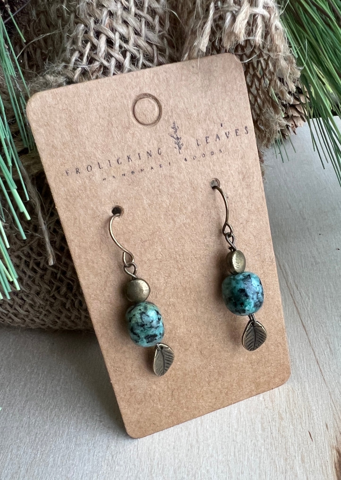 African Turquoise Bronze Leaf Earrings