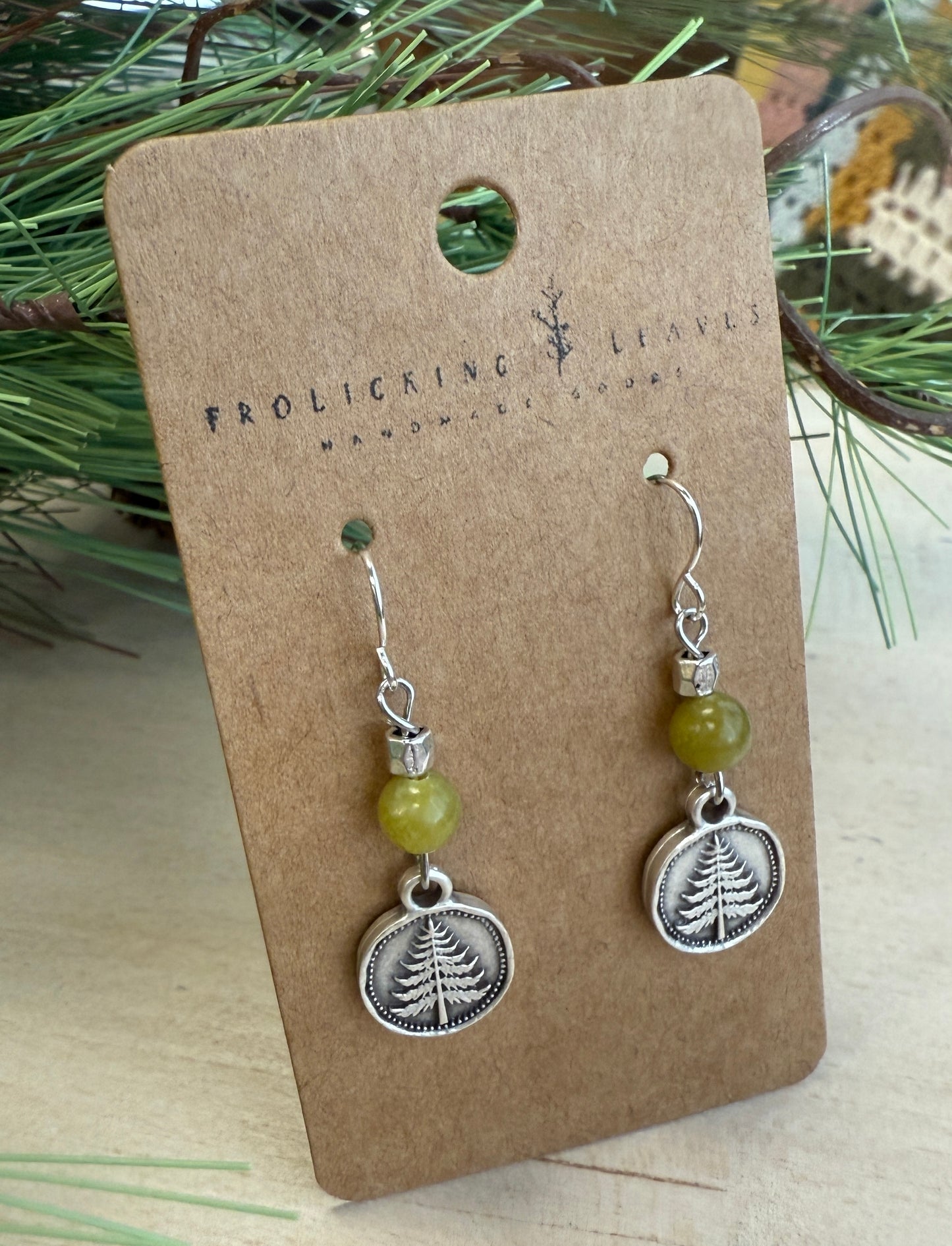 Olive Jade and Pine Drop Earrings
