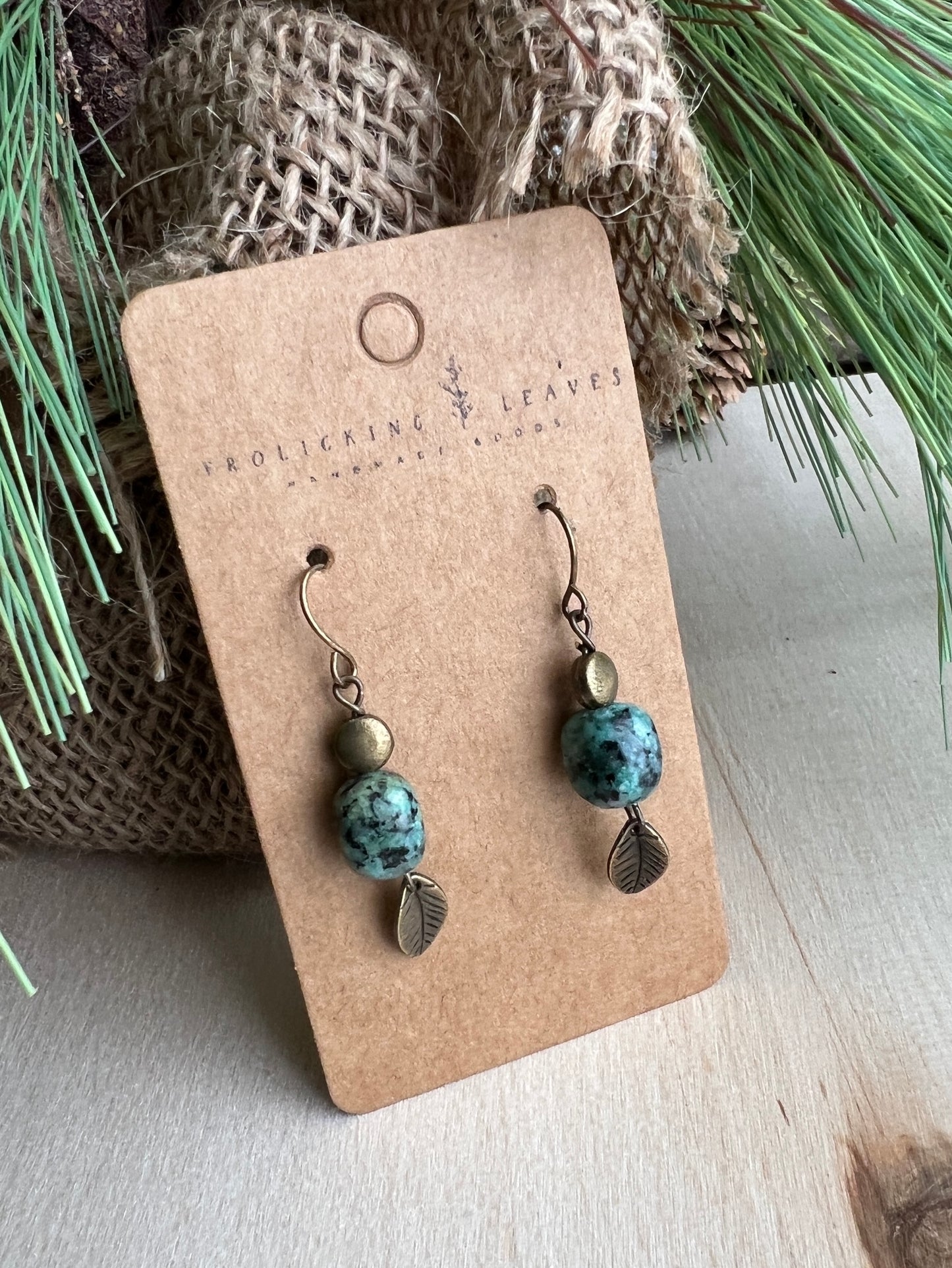 African Turquoise Bronze Leaf Earrings