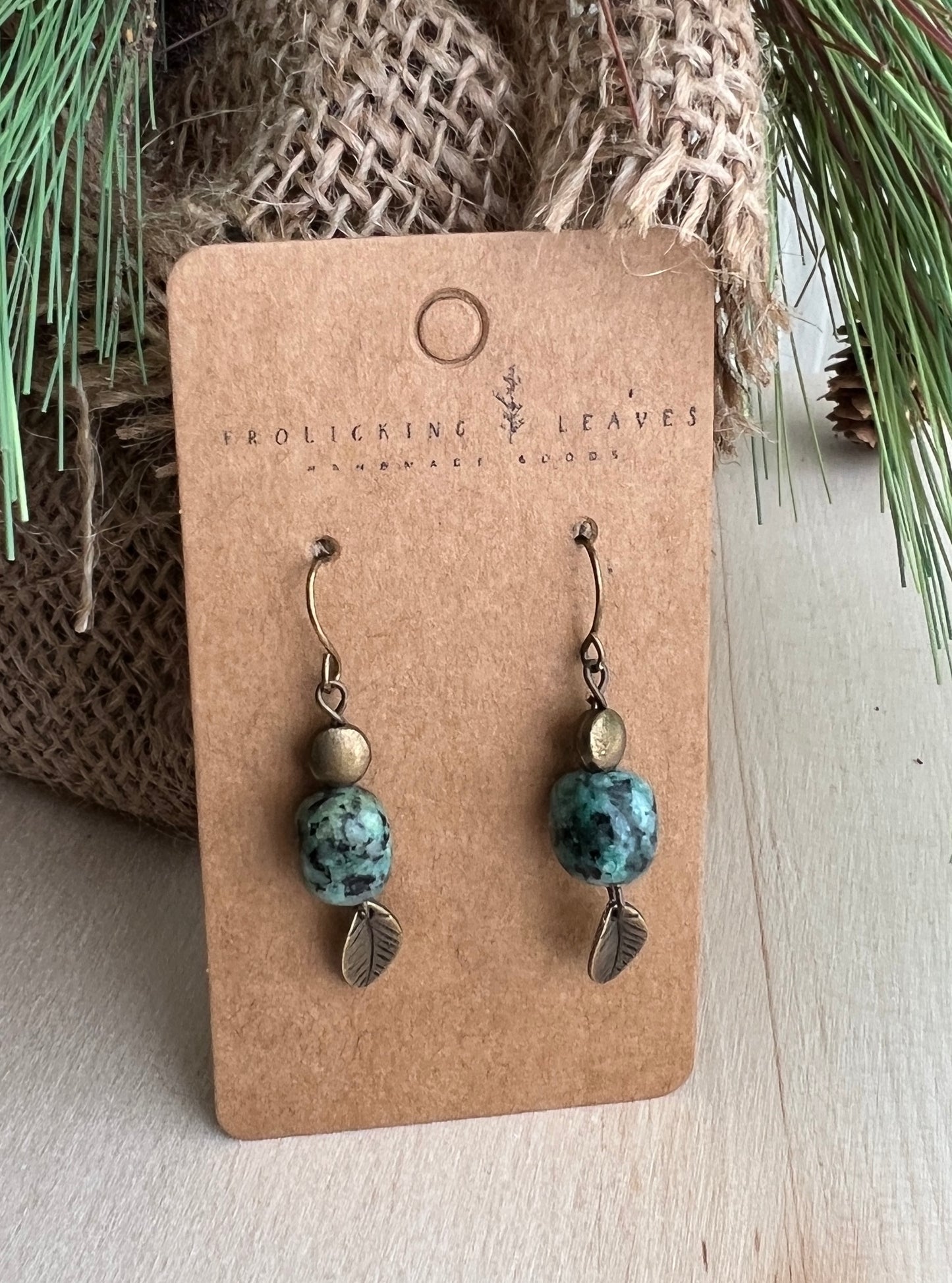 African Turquoise Bronze Leaf Earrings